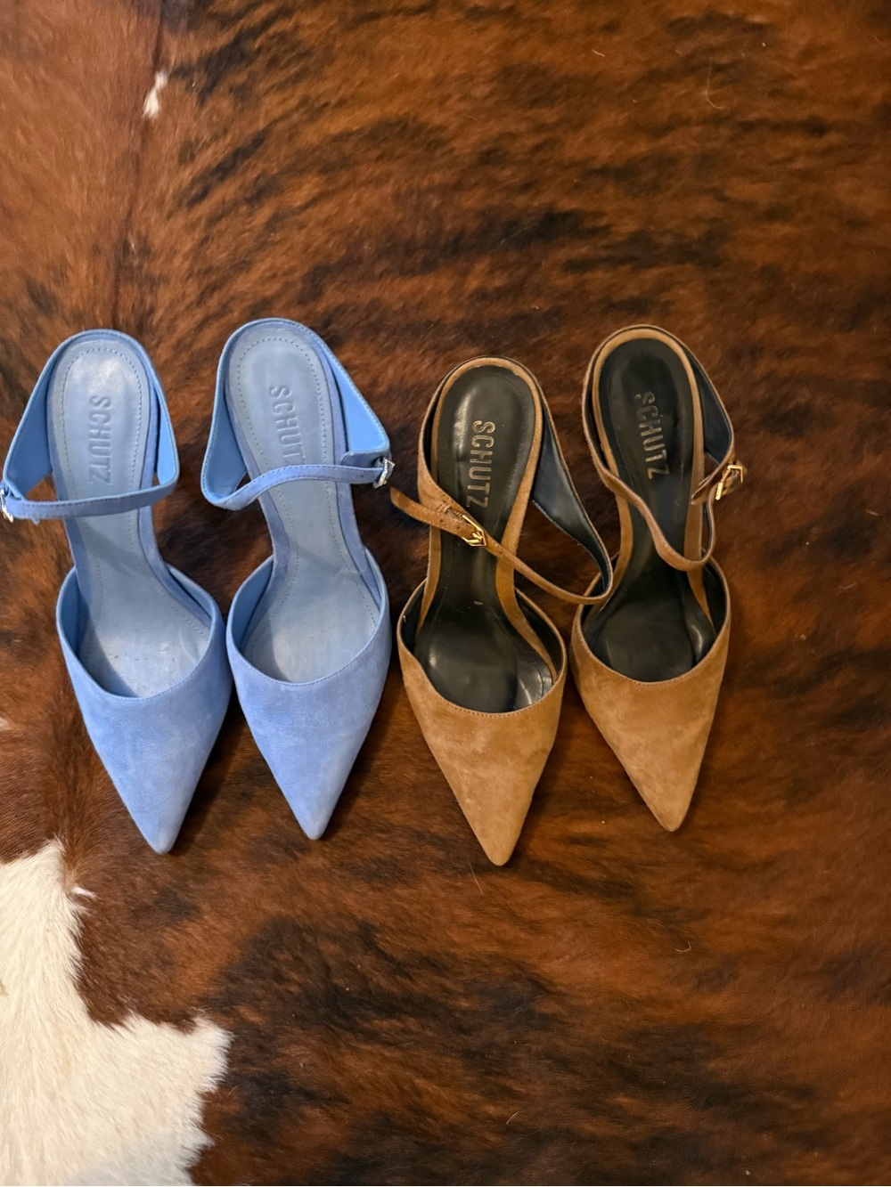 SCHUTZ Pointed Toe Suede Ankle-Strap Pumps in Blue and Tan